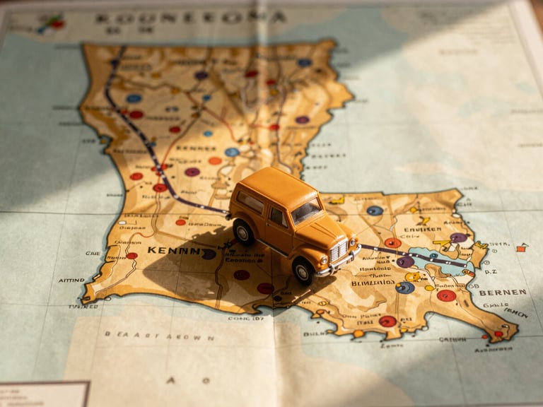 Overhead shot of a vintage map of Louisiana, with a small toy truck on a road between Kenner and Baton Rouge, warm natural light, shallow depth of field, 35mm