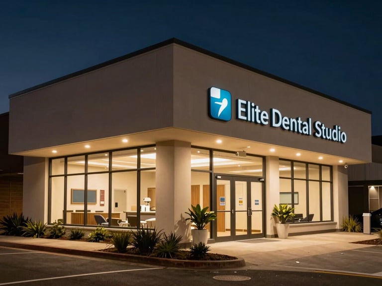 Wide shot of the modern clinical exterior of Elite Dental Studio in Oakland at night, illuminated with soft, warm architectural lighting against a deep slate sky.