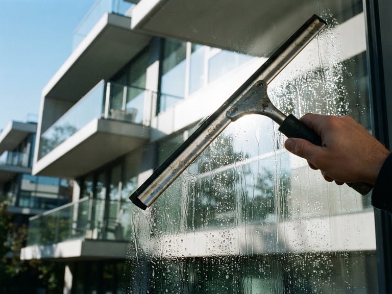 A close-up of a professional squeegee wiping a pristine, wet window pane, bright morning sunlight reflecting off the glass, sharp architectural angles, 35mm photography