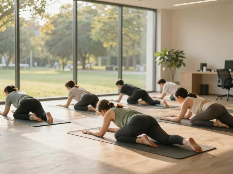 A small group of adults practicing gentle yoga outdoors in a serene park setting or a modern office space, golden-hour window shadows, natural foliage.