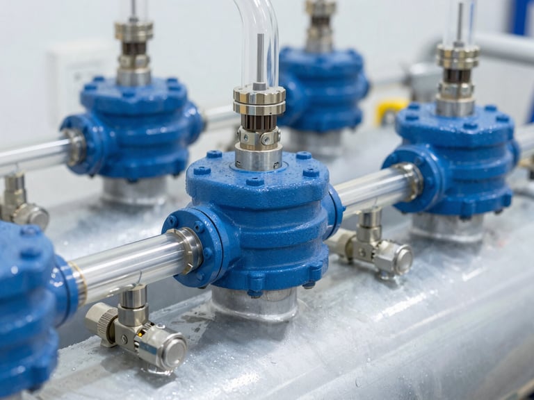 Close-up of a pressure vessel in an industrial reverse osmosis system, with clear pipes and connections, technical blue and silver tones, bright studio lighting.