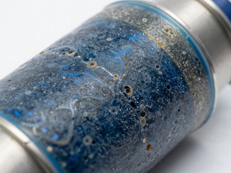 Macro close-up of severely fouled reverse osmosis membranes, showing heavy silica and hardness scaling, crisp detail, industrial lighting, technical blue and gray tones.