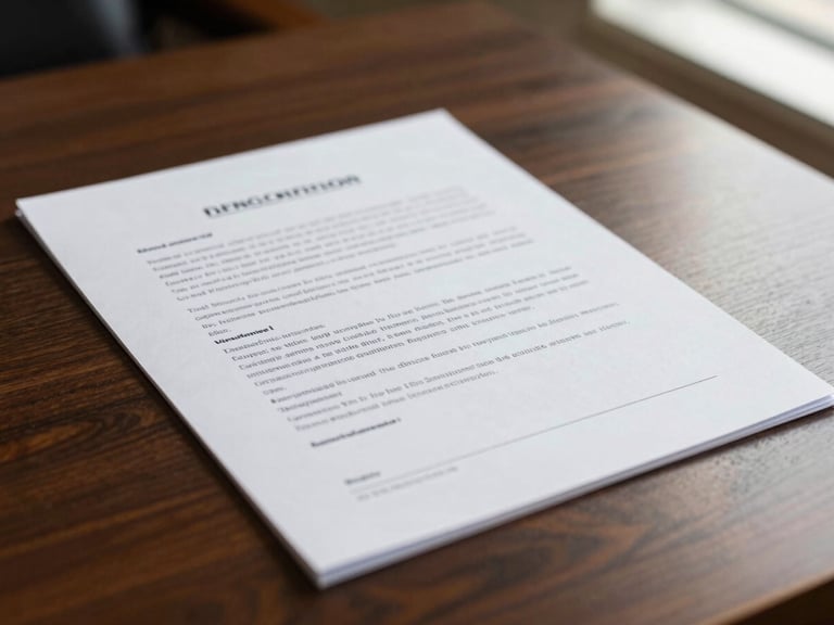 Close-up of signed legal documents on a dark oak desk, warm bronze side-lighting, shallow depth of field, editorial corporate photography