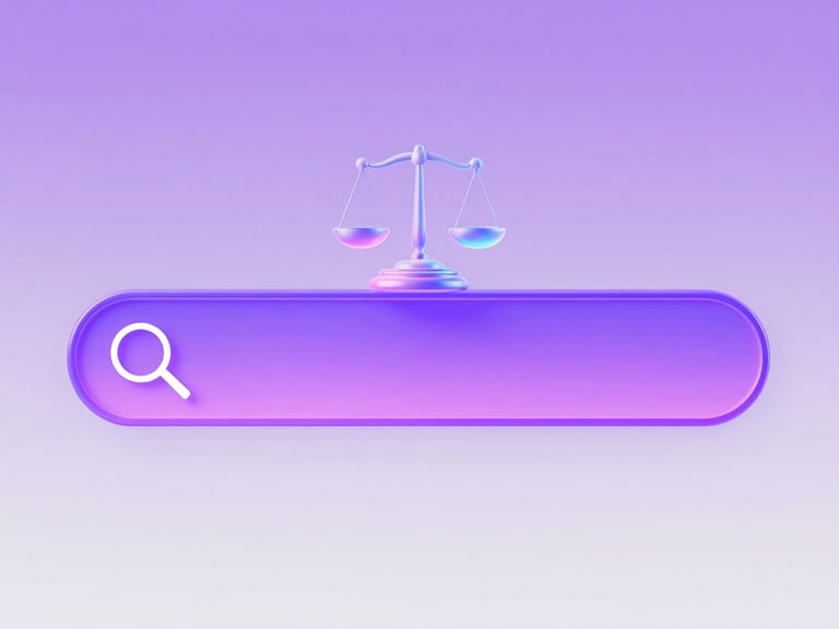 Abstract 3d render of a glowing search bar with holographic legal scales and vibrant purple gradient lighting