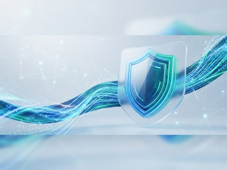 Clean 3D render of a glowing digital shield icon, abstract data streams flowing around it, soft glassmorphism, vibrant blue and emerald gradient accents, bright studio lighting, high resolution, wide panoramic frame, shield off-center to the right.