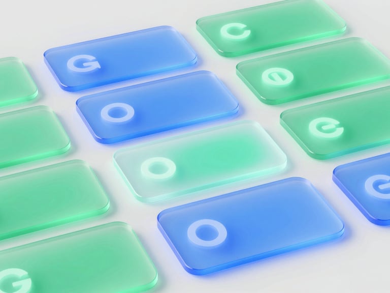 Clean 3d render of a glowing digital directory interface with glassmorphic cards and subtle blue and emerald light accents