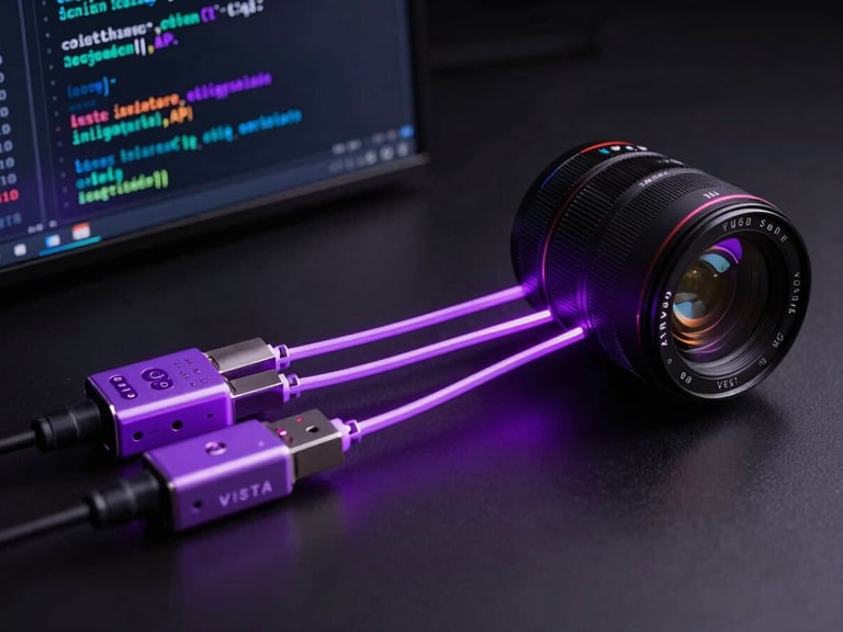 Vista isométrica de código de integración API limpio con líneas de conexión de datos brillantes en tonos púrpura neón sobre un fondo negro profundo de terminal de trading.