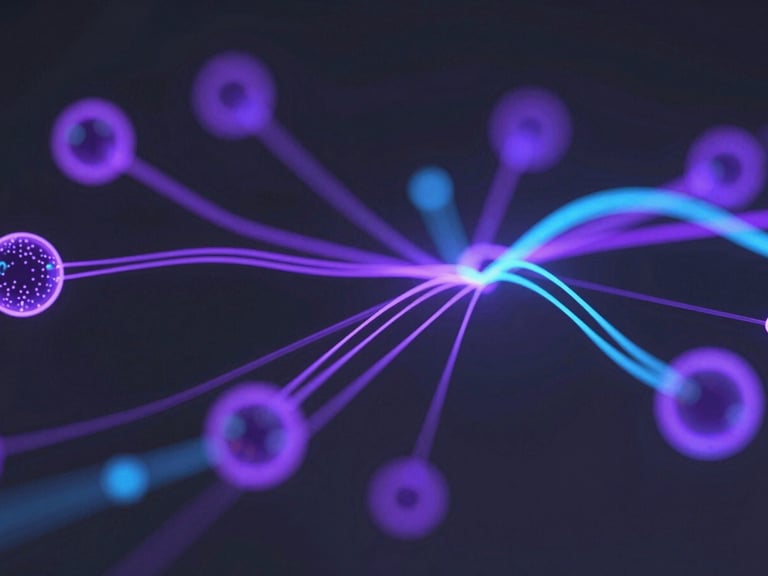 Wide panoramic 21:9 frame, macro shot of abstract 3D data nodes and algorithmic flows, illuminated by emissive neon purple and blue light against a deep charcoal background, simulating a high-speed trading terminal.