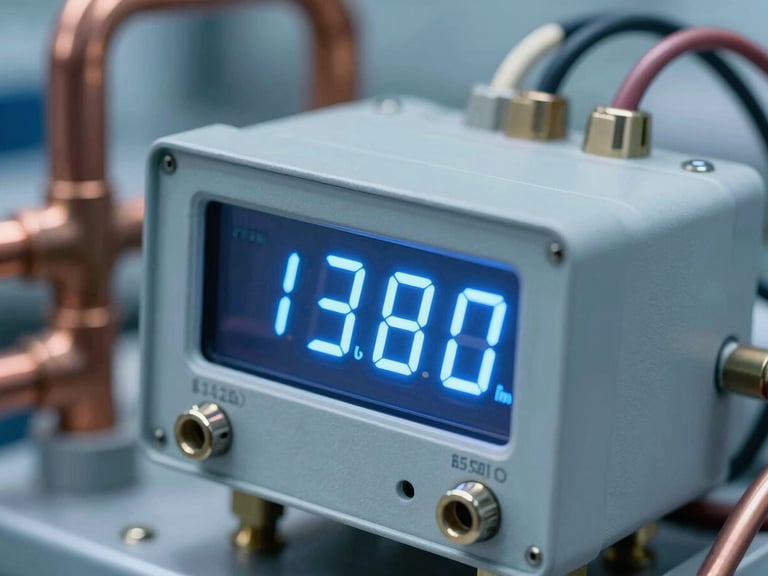 Macro shot of a digital temperature controller with glowing blue LED numbers, copper pipes and wiring in the background, sharp industrial focus, cool blue lighting, 35mm