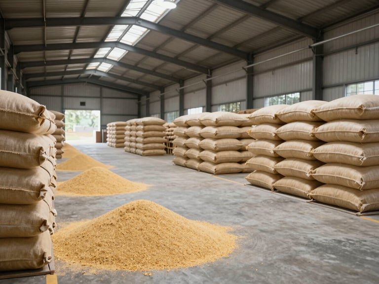 Interior of a modern grain warehouse in Rwanda, clean concrete floors, organized sacks of maize flour stacked neatly, bright overhead light.
