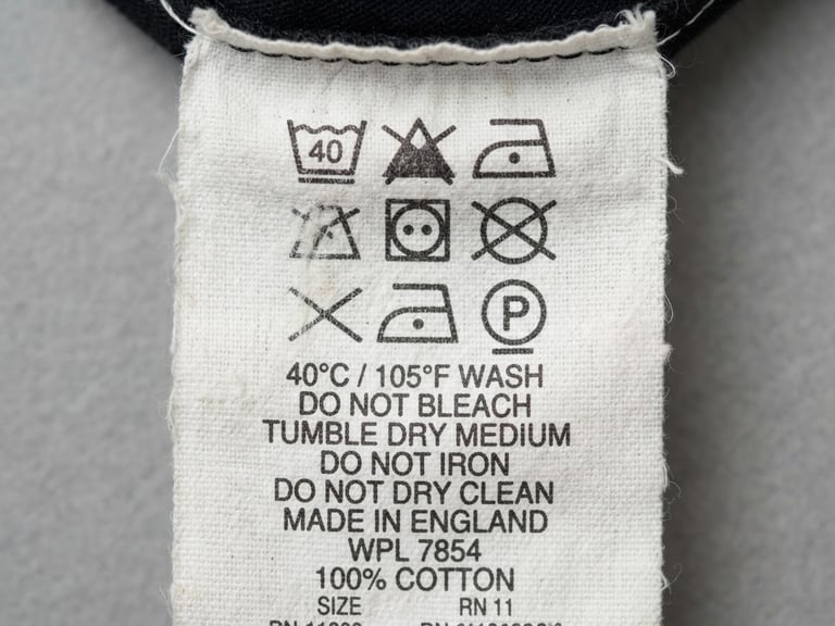 Extreme close-up of a vintage garment care label, stark white cotton tag with black printed text, flat-lay overhead shot, neutral grey studio background, sharp focus