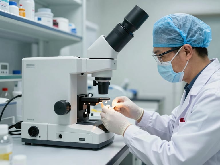 A bright, clean hospital pathology laboratory with a medical professional in a white coat analyzing samples using professional diagnostic equipment.