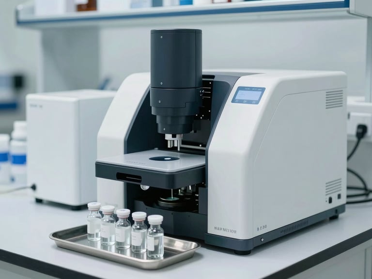A bright clinical laboratory with a modern hematology analyzer, sterile glass vials on a metal tray, neutral cool lighting.