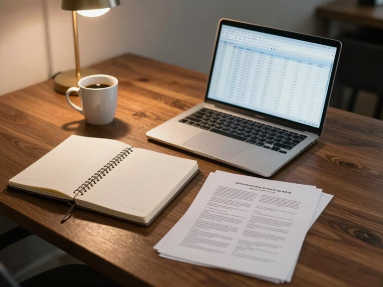 Wide environmental shot of a tidy advisory workspace, a notebook open beside a laptop showing a spreadsheet, warm overhead ambient light, a coffee cup and printed property documents arranged purposefully on a dark wood desk