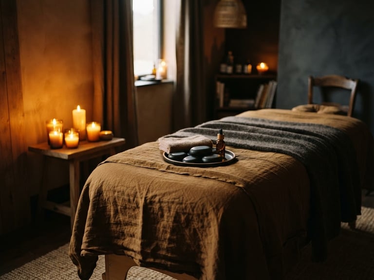 Soft golden candlelight illuminating a serene, empty therapy room with textured linens and warm basalt stones, 35mm photography