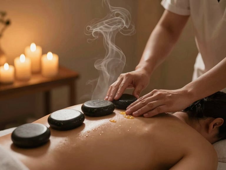 A high-end therapy room with warm golden candlelight, a therapist gently applying warm oil to basalt stones resting on a client's back, soft steam rising.