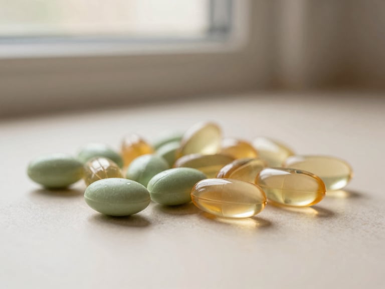 Macro shot of colorful hair supplement gummies next to clear gel capsules, soft diffused window light on a warm ivory surface, shallow depth of field, vertical composition.