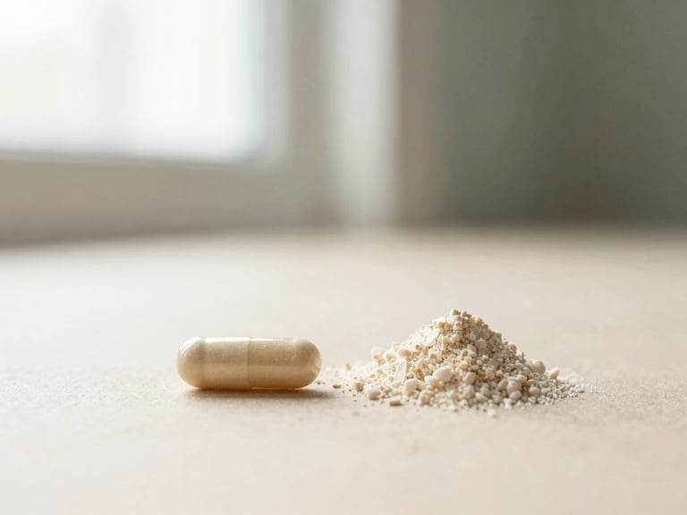 Macro shot of a Biotin capsule next to a Collagen peptide powder, soft diffused window light on a warm ivory surface, shallow depth of field, vertical composition.