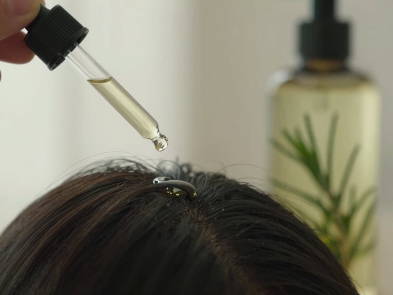 Close-up of a dropper dispensing rosemary oil onto a scalp, next to a bottle of rosemary-infused shampoo, soft diffused window light, vertical composition.