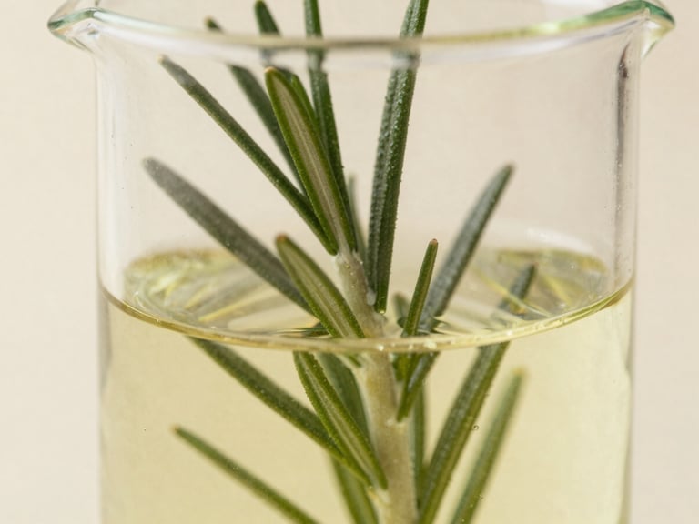 Close-up of fresh rosemary submerged in clear carrier oil inside a glass beaker, elegant laboratory aesthetic.