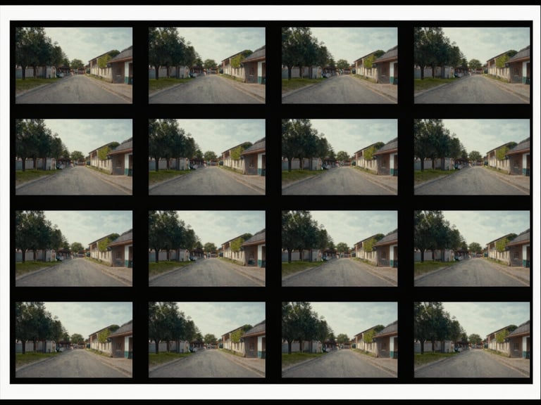 Contact sheet grid of video stills from a single shoot day — 12 frames arranged in rows showing location coverage, close-ups and wides, color-graded frames with visible LUT applied, editorial contact sheet border