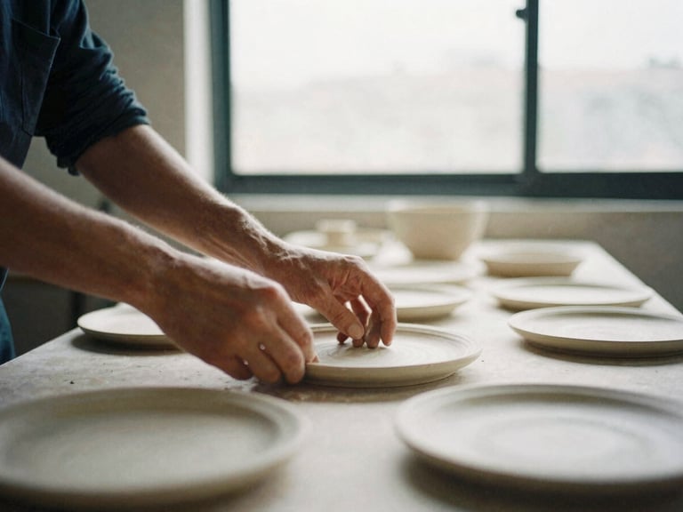 Intimate close-up of hands arranging hand-fired ceramic plates in a dimly lit, minimalist Bogotá studio, soft overcast daylight from a high window, 35mm film style