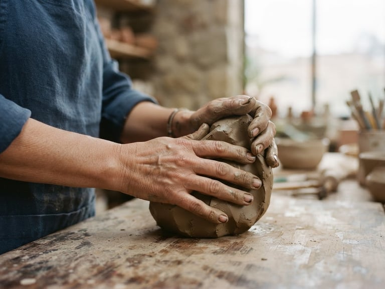 Close-up of hands handling raw clay in a sunlit Bogotá studio, soft overcast daylight, muted warm stone tones, 35mm film, shallow depth of field