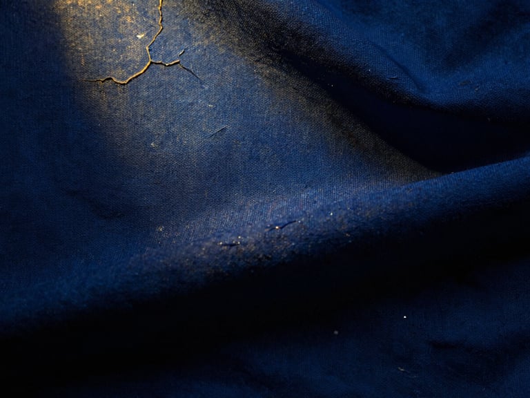 Macro close-up of aged oil paint canvas texture, depicting deep blue ultramarine fabric folds under a soft spotlight, fine cracks in the paint, dark shadows, 35mm.