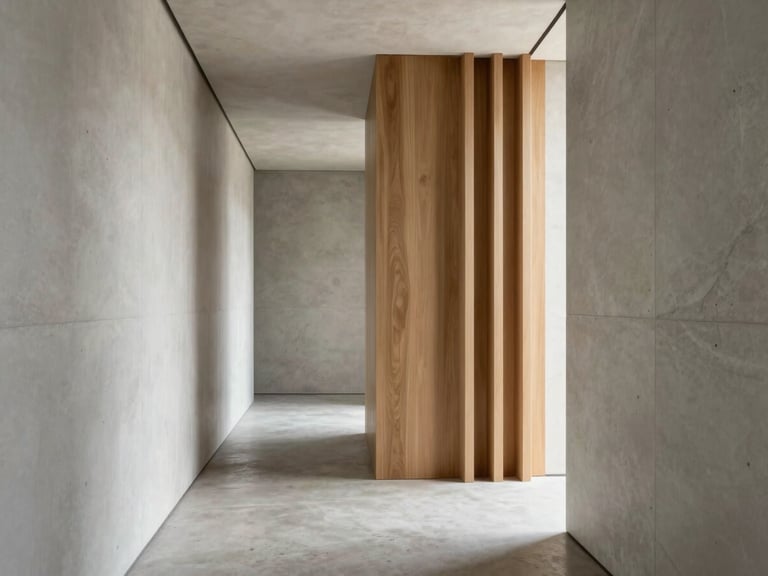 Architectural composition showing a minimalist hallway with clean lines, concrete flooring, and a bespoke wooden partition that filters soft morning light.