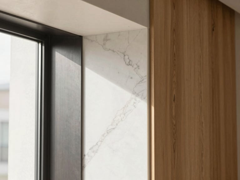 Close-up architectural detail of white marble vein meeting dark brushed steel and natural oak wood grain, soft daylight.