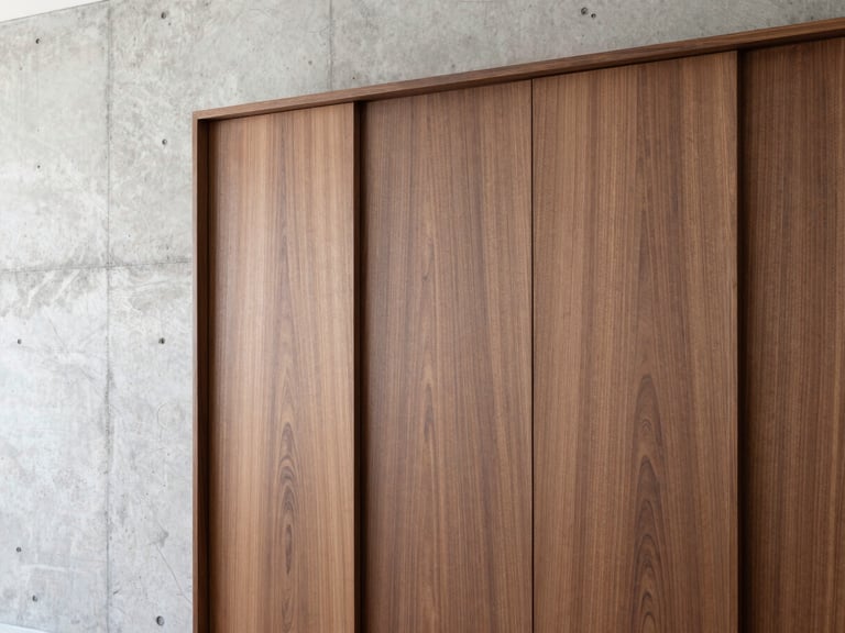 Close-up of a custom-built walnut wardrobe integrated seamlessly into a polished concrete wall, clean lines, minimalist luxury.