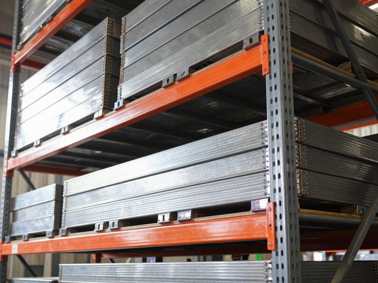 Low-angle industrial photography of heavy-duty steel shelving units stacked with heavy cargo, bright workshop light reflecting off clean welds and dark metal surfaces, sharp focus
