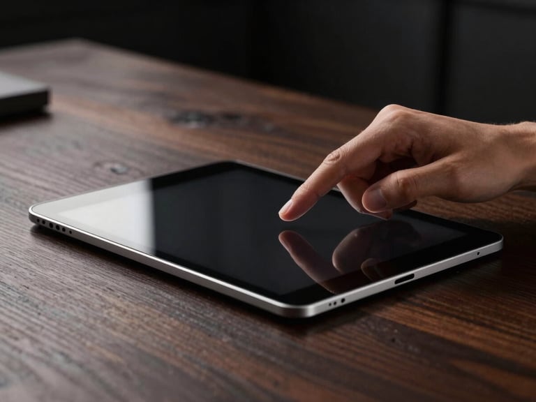 Primer plano de manos profesionales interactuando con una tablet de diseño premium, sobre una mesa de madera oscura, con luz lateral suave y reflejos metálicos controlados.