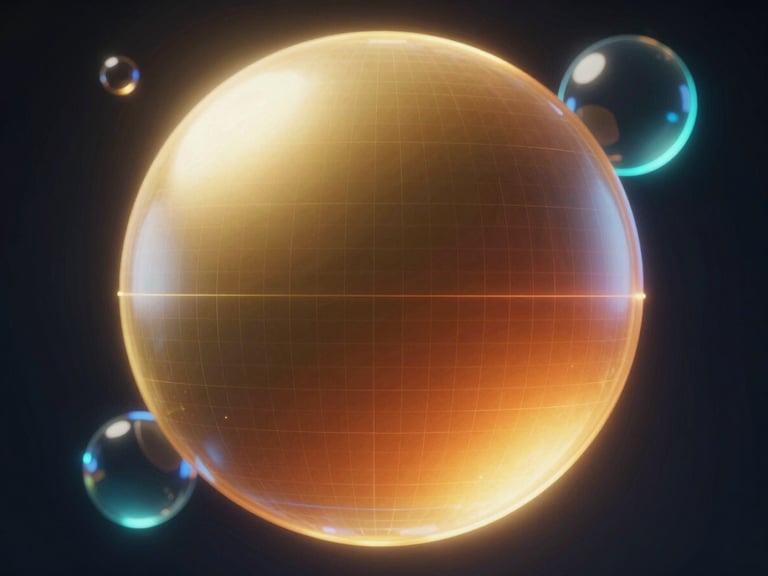 Abstract 3D render of a glowing gold-to-orange gradient sphere with subtle digital grid patterns, dark-field studio lighting, neon blue backlighting, glassmorphism accents