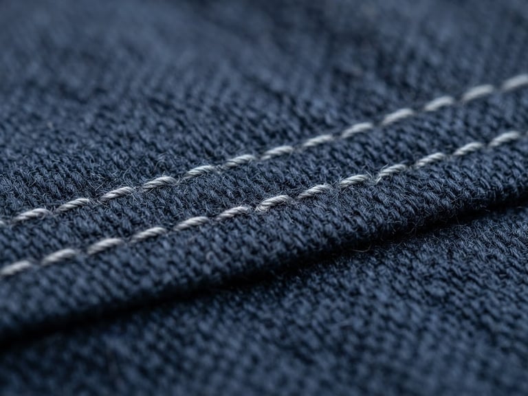 Macro shot of durable navy blue organic cotton fabric with neat double stitching, high-key clean industrial studio lighting, cool grey undertones, 50mm lens