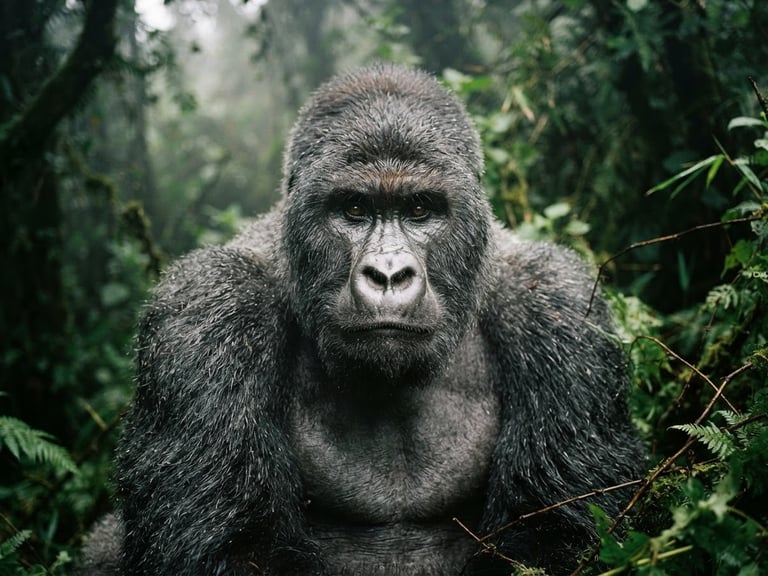 Close-up of a mountain gorilla silverback in natural forest mist, soft overcast light, deep forest green background, 35mm film