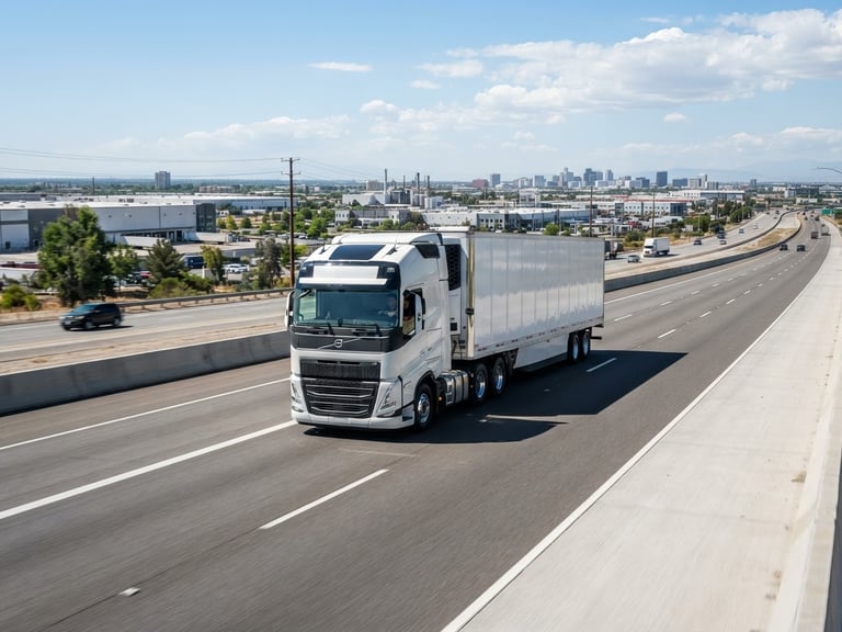 Wide environmental shot of a modern transport truck on a clean highway under bright daylight, high-contrast tones, professional commercial style