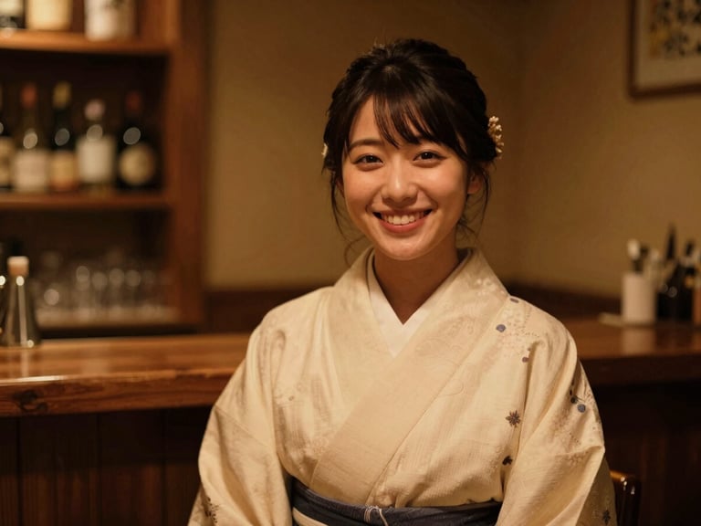 Medium portrait of a young, charismatic Japanese female bar owner smiling warmly, wearing a neat modern kimono, soft amber lighting, cozy bar background