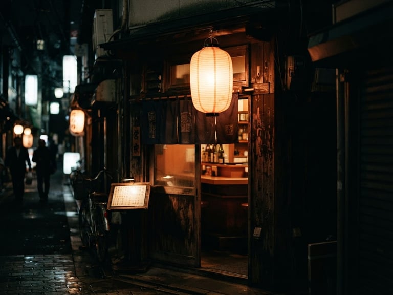 Warm moody photography of a glowing entrance lantern of a Japanese snack bar at night, soft amber light, 35mm film
