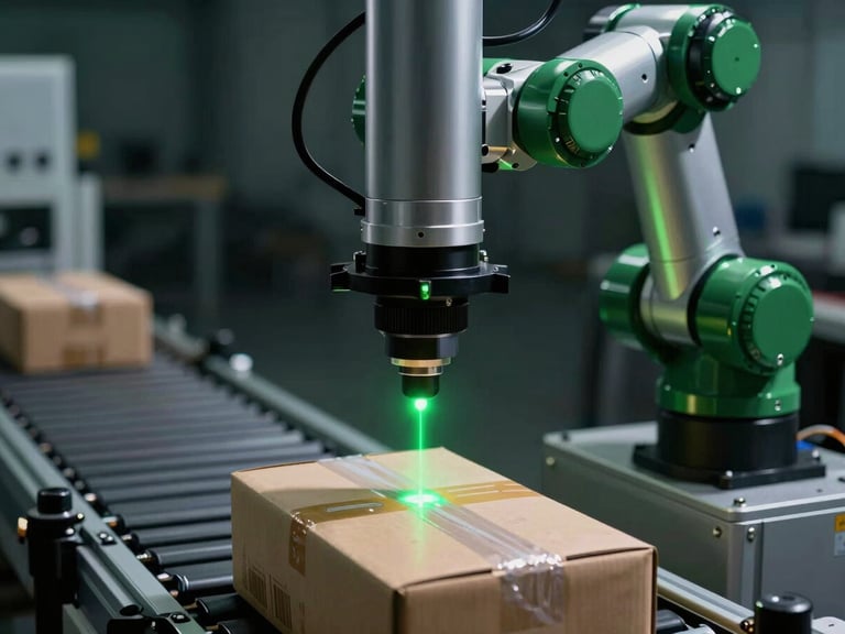 Macro close-up of a high-tech robotic inspection arm with a sharp green LED laser scanning a package on a modern conveyor belt, high-contrast shadows, 35mm lens