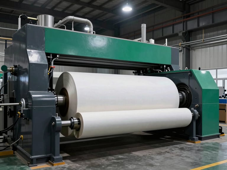 Wide shot of giant high-speed paper roll winding machinery in a modern industrial facility, crisp overhead lighting, deep charcoal tones, high-contrast shadows