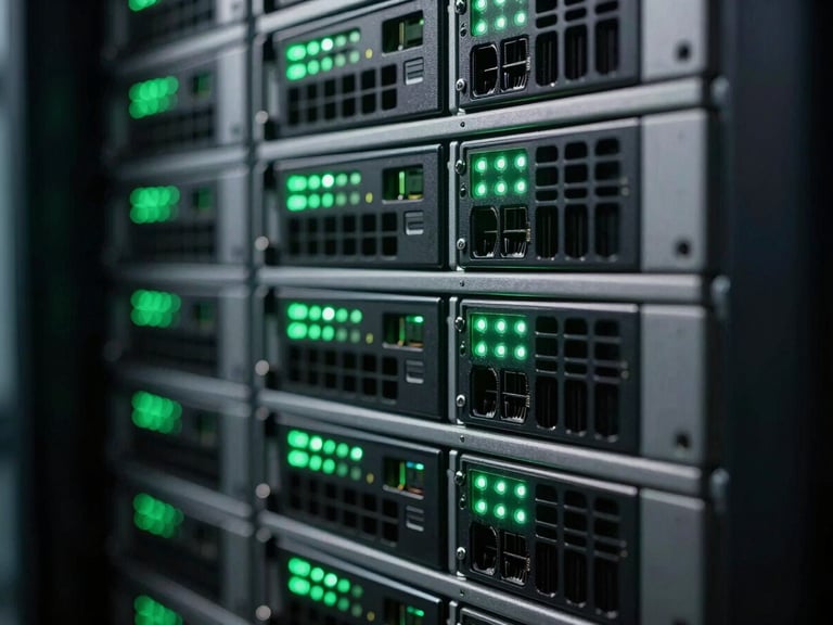 Macro close-up of high-density server racks with subtle green LED indicators, moody server room lighting, technical macro, 35mm