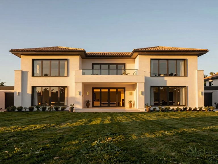Wide panoramic shot of a modern luxury villa facade in the Algarve at golden hour, manicured lawns, architectural lighting, high-end real estate, 35mm