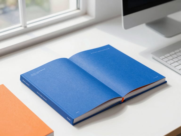 Flat-lay desk arrangement with brand guidelines book, modern workspace, electric blue and safety orange accents, natural window daylight, sharp focus, 35mm