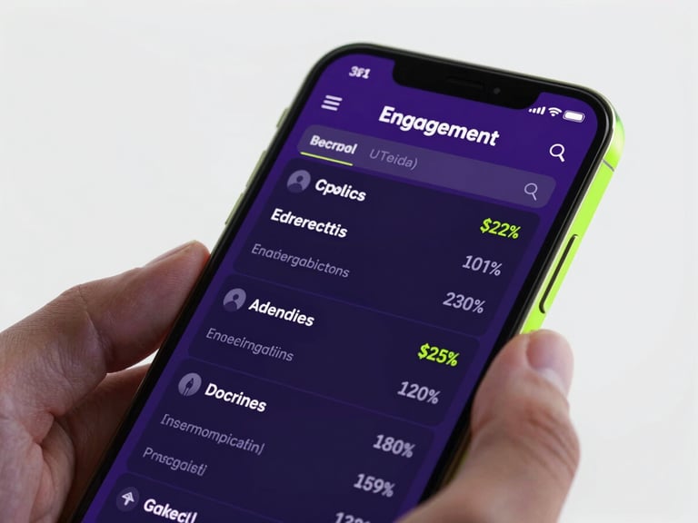 A tight macro shot of a mobile screen displaying real-time engagement analytics and conversion metrics, with a creator's hands holding the device, subtle neon lime edge lights, high-key studio lighting.