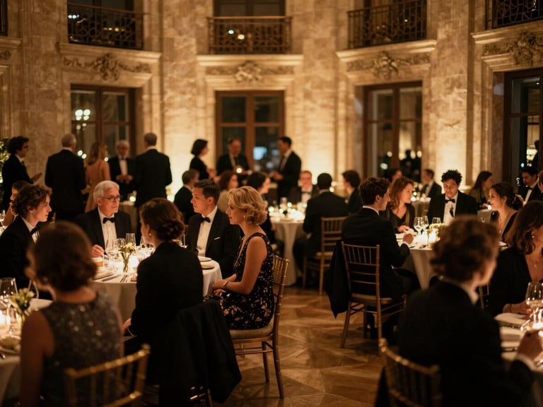 Wide environmental shot of a sophisticated corporate gala event in a historic Belgian venue, warm golden low-key lighting, elegant guests in evening wear, shallow depth of field, 35mm film
