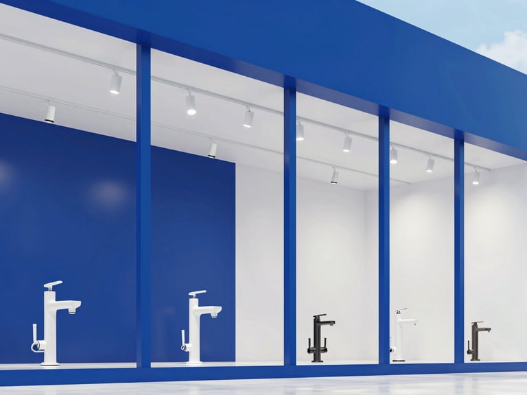 Interior view of a modern architectural hardware showroom, bright cool daylight, bold blue and white tones, crisp clean focus, 35mm lens, featuring sleek bathroom fixtures and track lighting in a structured grid layout.