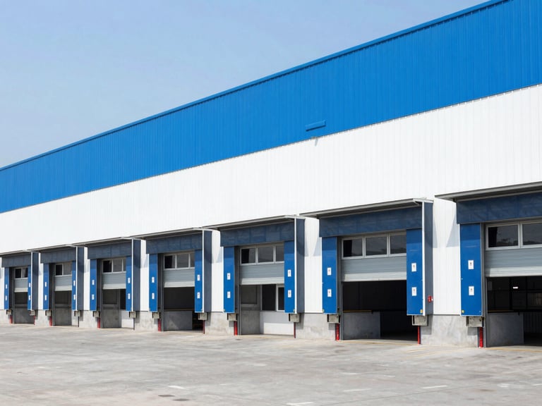 Exterior view of a modern industrial distribution hub with clear loading bays and structured architecture, bright cool daylight, bold blue and white tones, crisp clean focus, 35mm lens, showing organized logistics.