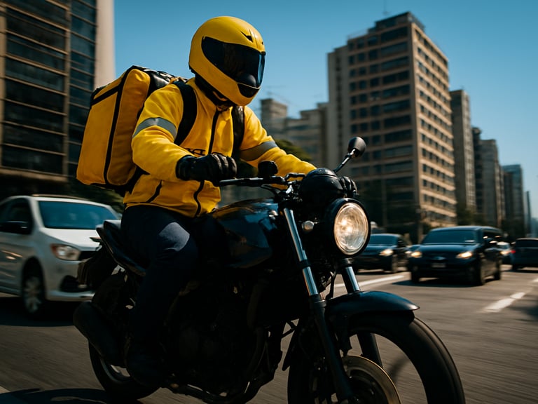 Dynamic low-angle shot of a motorcycle courier in high-visibility gear riding through São Paulo traffic, bright daylight, yellow and navy tones