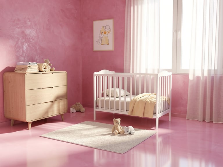 Modern children's room in shades of pink, all finished with microcement.